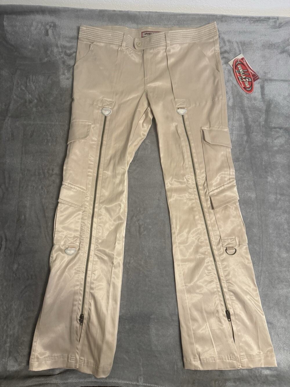 Vintage Y2K Vanilla Star Cargo Pants Juniors 15 Flare Leg Zip Khaki NWT Zippers!